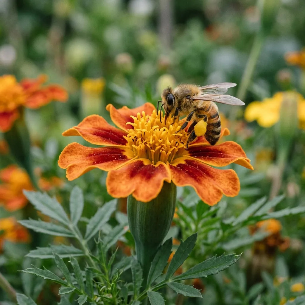 Abeille butinant un œillet d'Inde à fleur simple et cœur ouvert — SemiSauvage