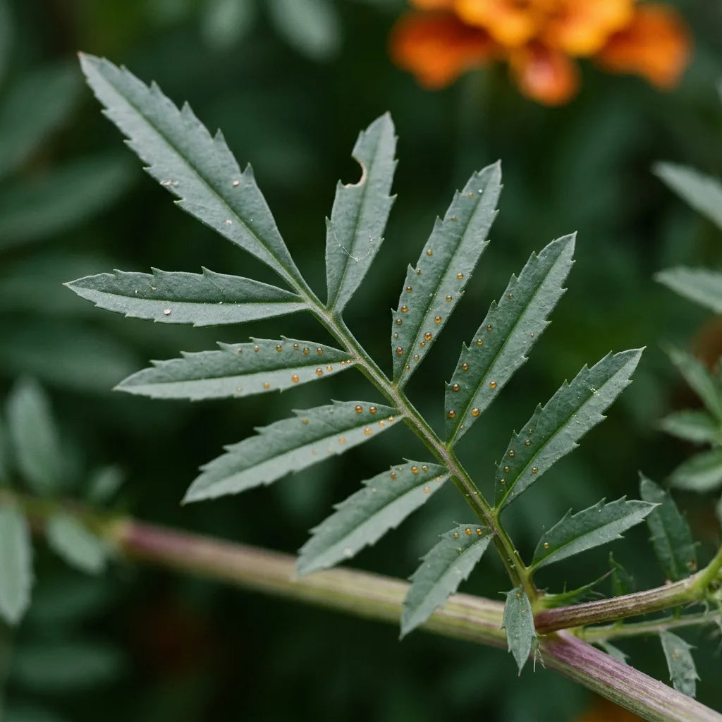 Feuille pennatiséquée d'œillet d'Inde et ses glandes ambrées, détail botanique — SemiSauvage