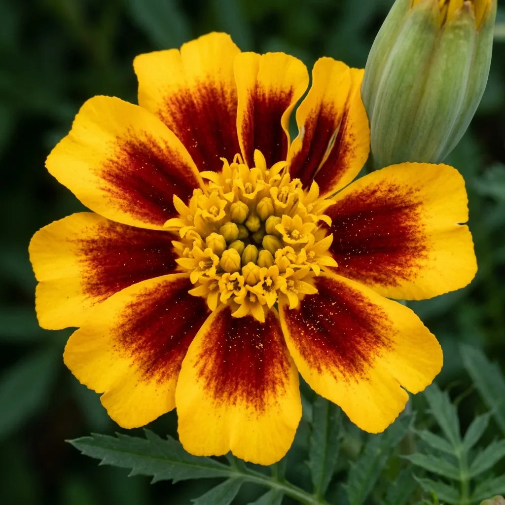 Macro d'un capitule d'œillet d'Inde : ligules bicolores et involucre tubulaire, détail botanique — SemiSauvage