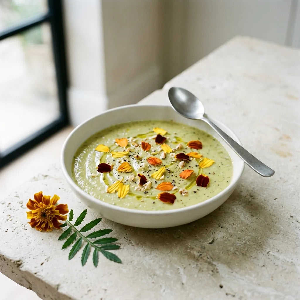 Velouté de courgette parsemé de pétales d'œillet d'Inde, fleur comestible — SemiSauvage