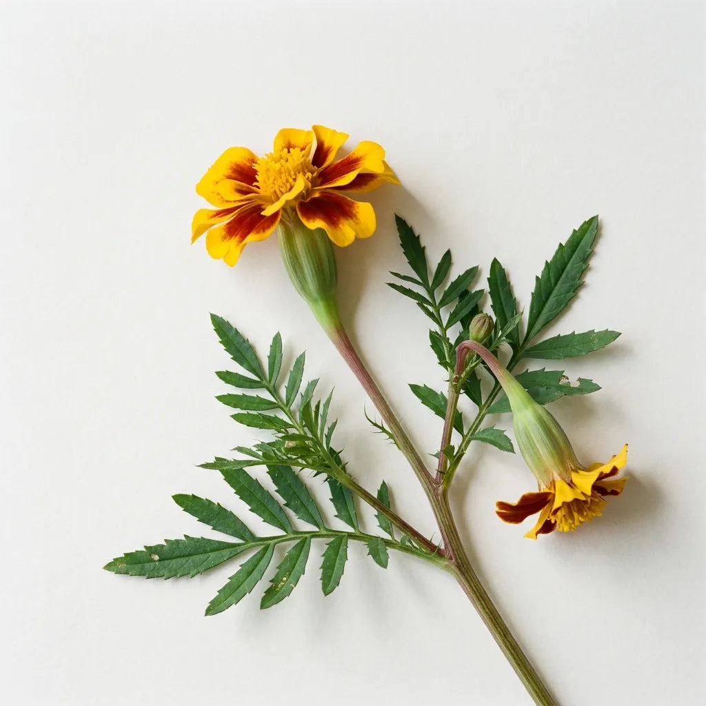 Rameau fleuri d'œillet d'Inde (Tagetes patula), capitule bicolore jaune et acajou, sur fond blanc — SemiSauvage