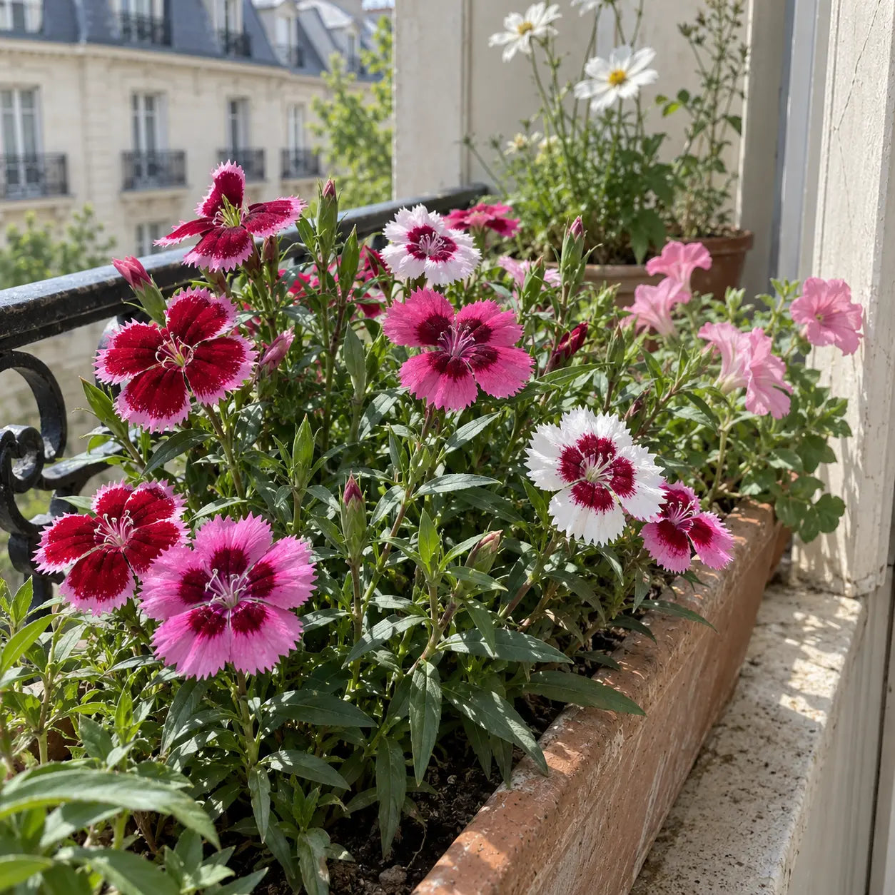 Œillets de Chine roses, blancs et pourpres en jardinière sur un balcon.