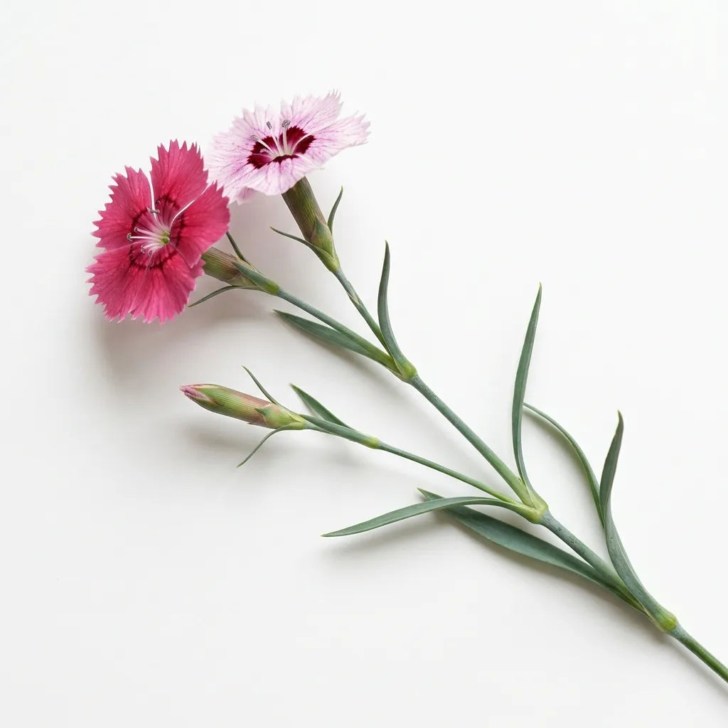 Brin d'Œillet de Chine (Dianthus chinensis), fleurs à pétales dentelés, sur fond blanc — SemiSauvage