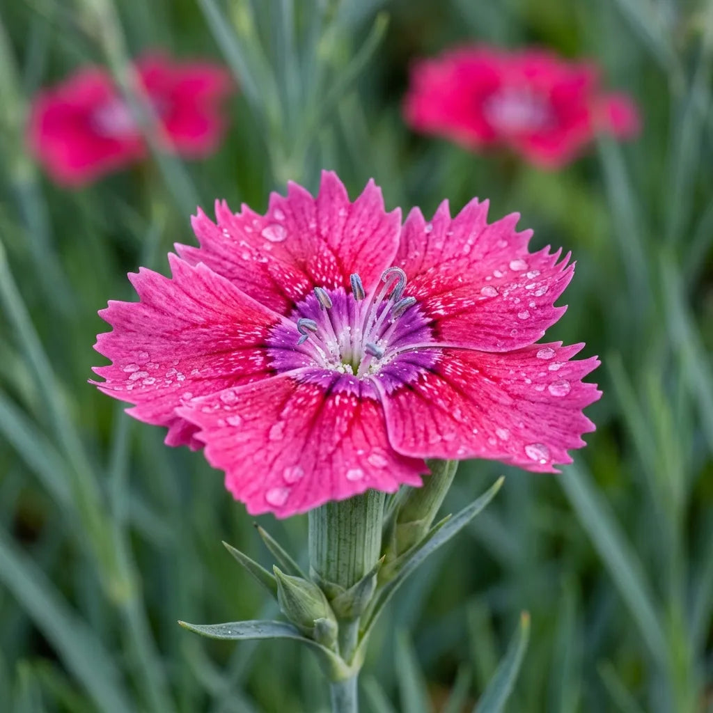 Fleur d'œillet de Chine sous la rosée, pétales dentelés et œil pourpre, macro — SemiSauvage
