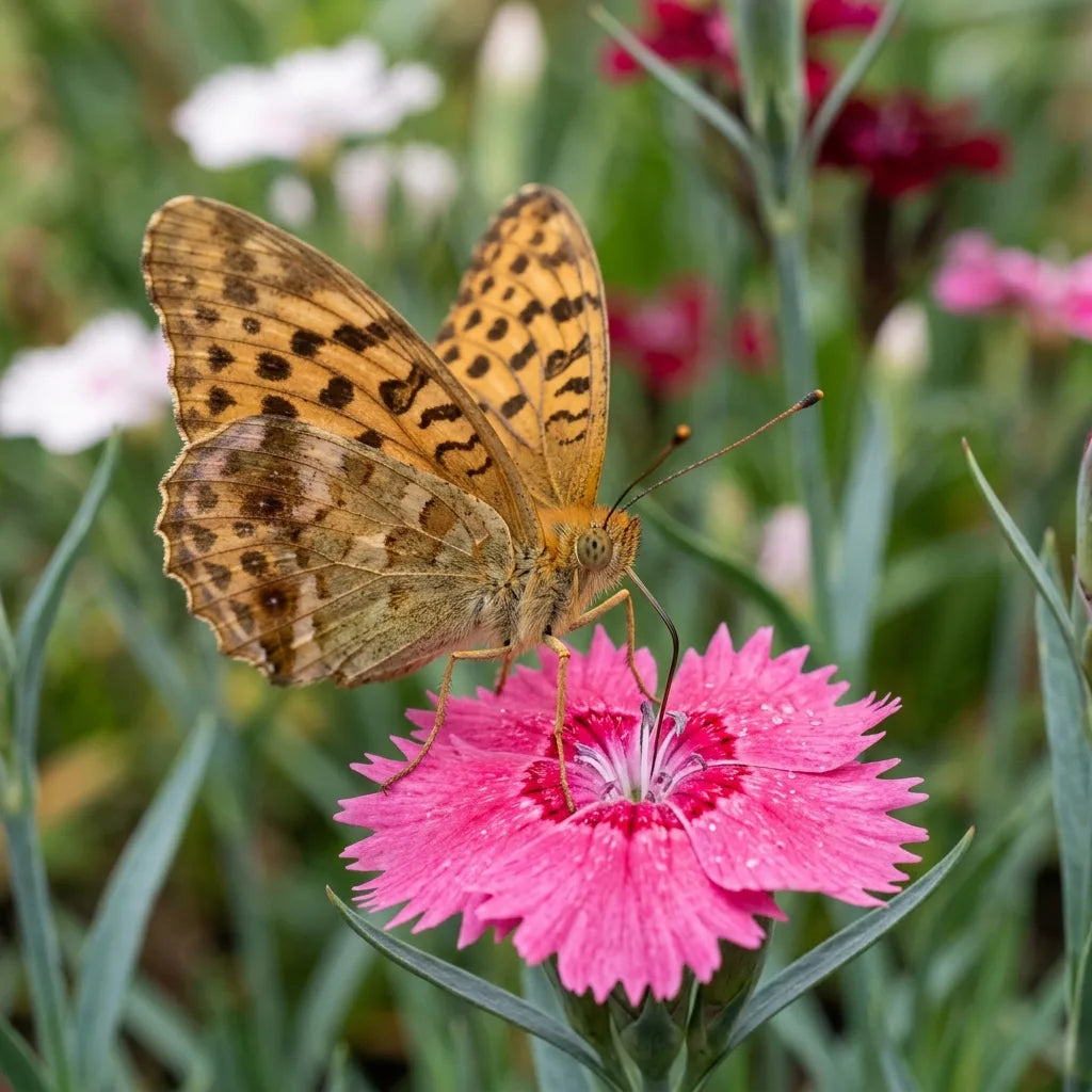 Papillon butinant une fleur d'œillet de Chine — SemiSauvage