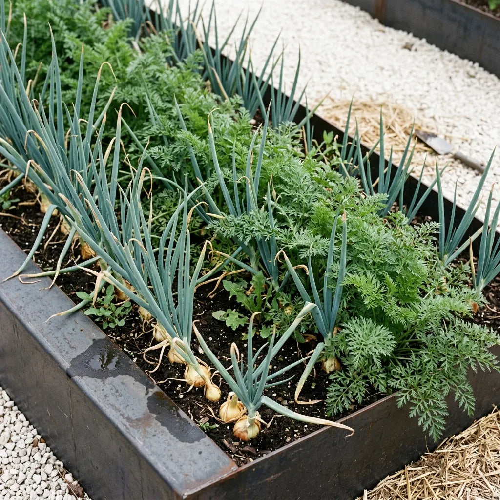 Association au potager : rangs alternés d'oignons à feuilles cylindriques et de carottes au feuillage finement découpé — SemiSauvage