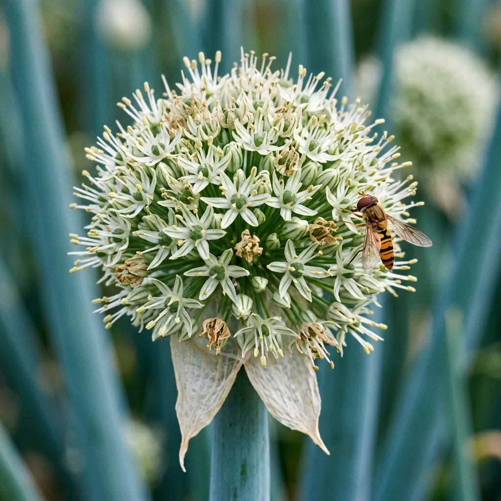 Ombelle sphérique d'oignon en fleurs, spathe membraneuse fendue à la base, visitée par un syrphe ceinturé — SemiSauvage