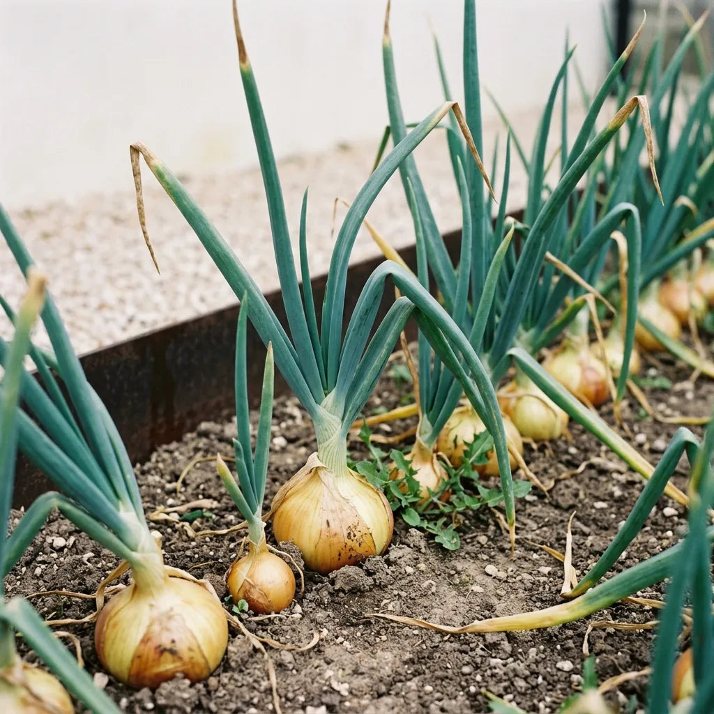 Rang d'oignons jaune paille au potager, feuilles cylindriques glauques et bulbes affleurant la terre — SemiSauvage