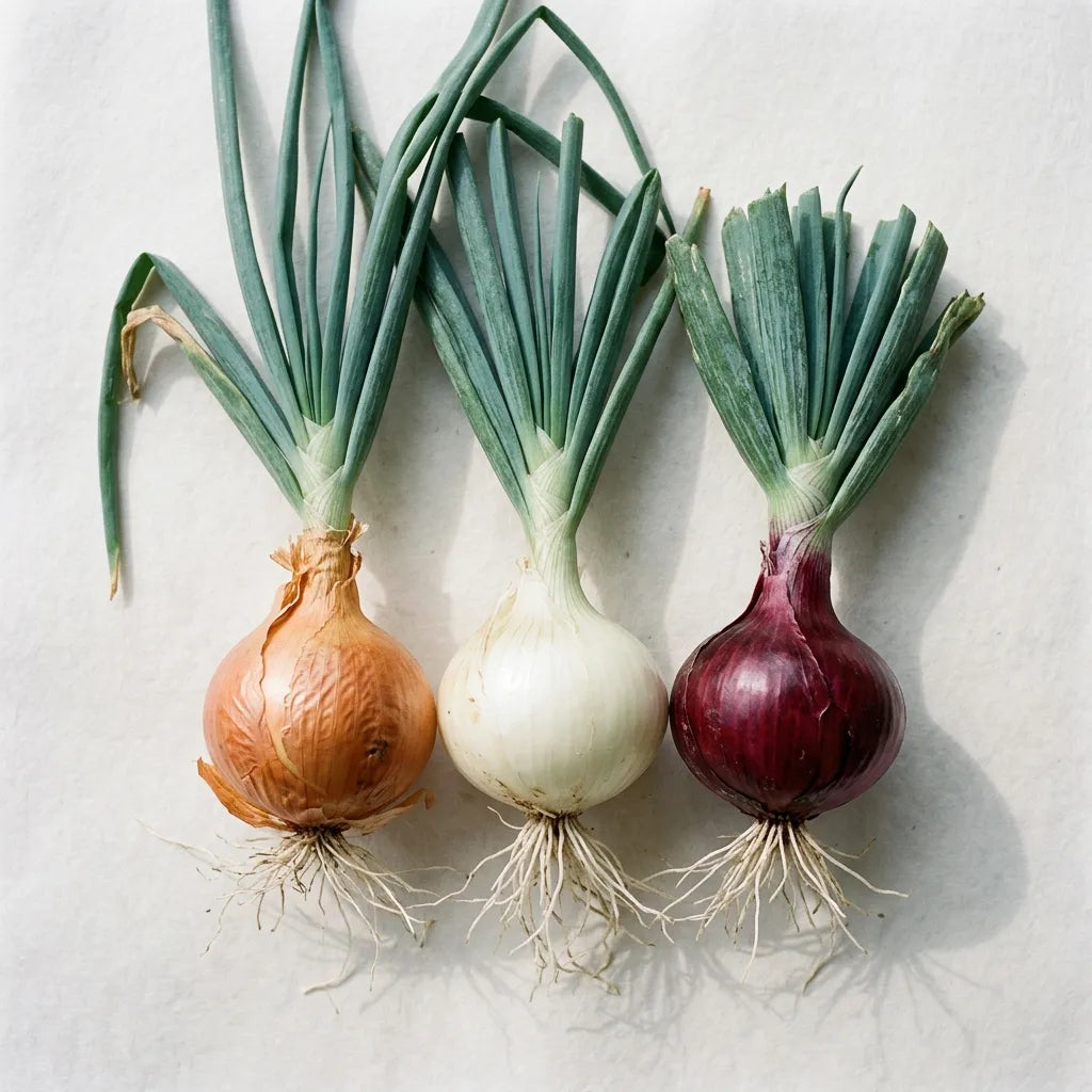 Trois pieds d'oignon (Allium cepa) sur fond blanc : bulbe jaune, blanc et rouge avec leur feuillage tubulaire glauque — SemiSauvage