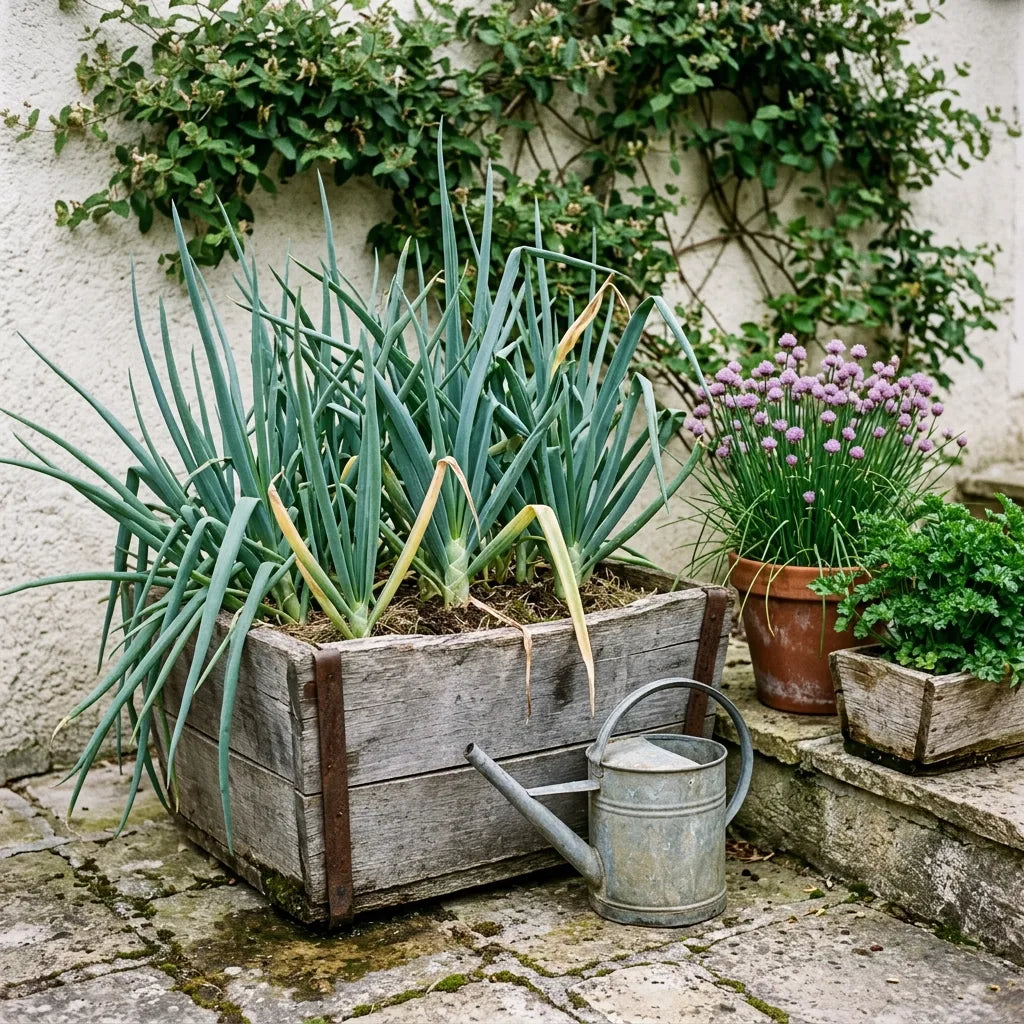 Oignons poireaux Ishikura cultivés en bac de bois sur une terrasse — SemiSauvage