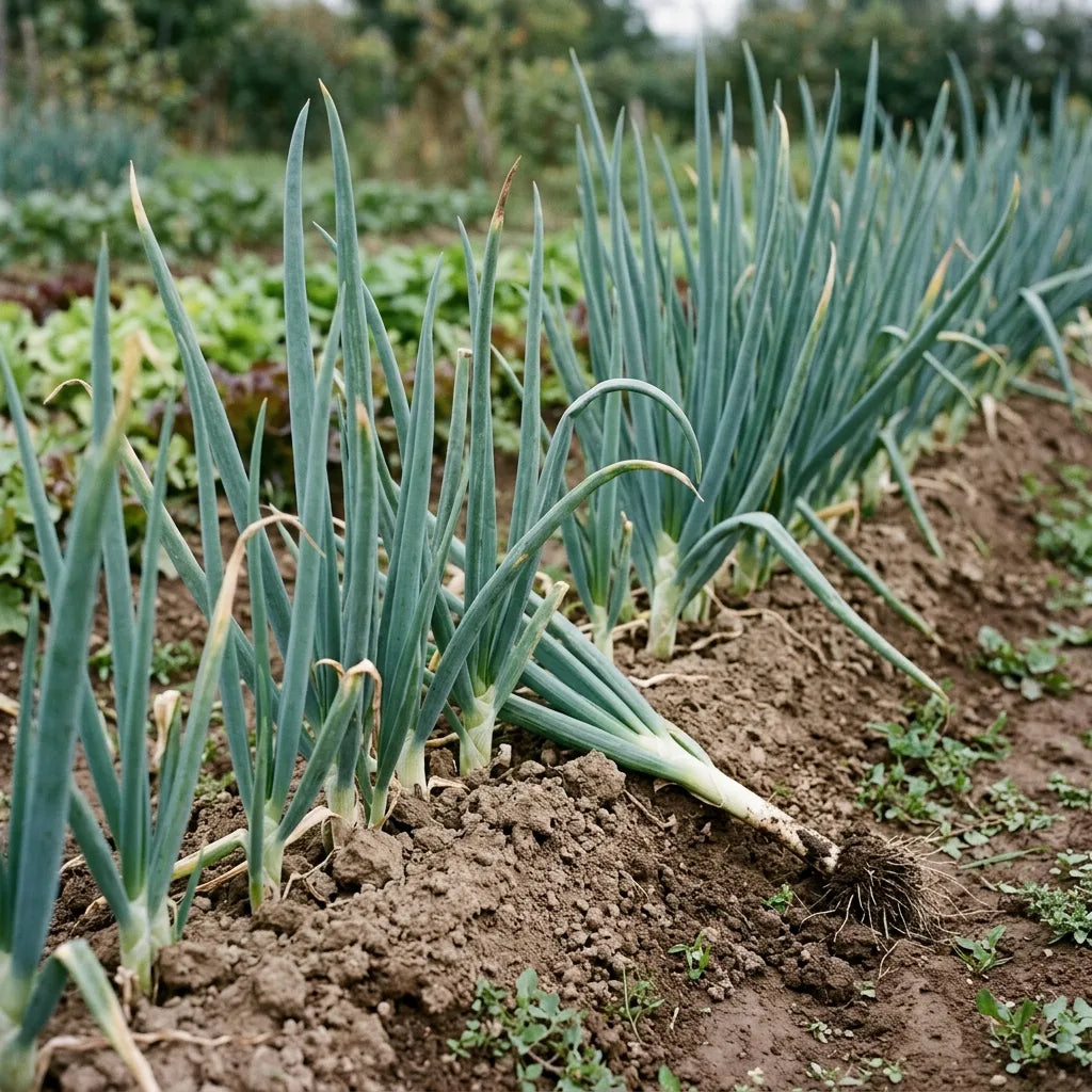 Rang d'oignons poireaux Ishikura buttés au potager — SemiSauvage