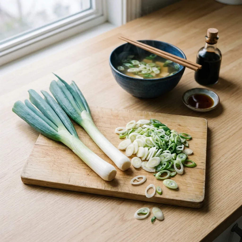 Oignon poireau Ishikura émincé en rondelles et bouillon japonais — SemiSauvage