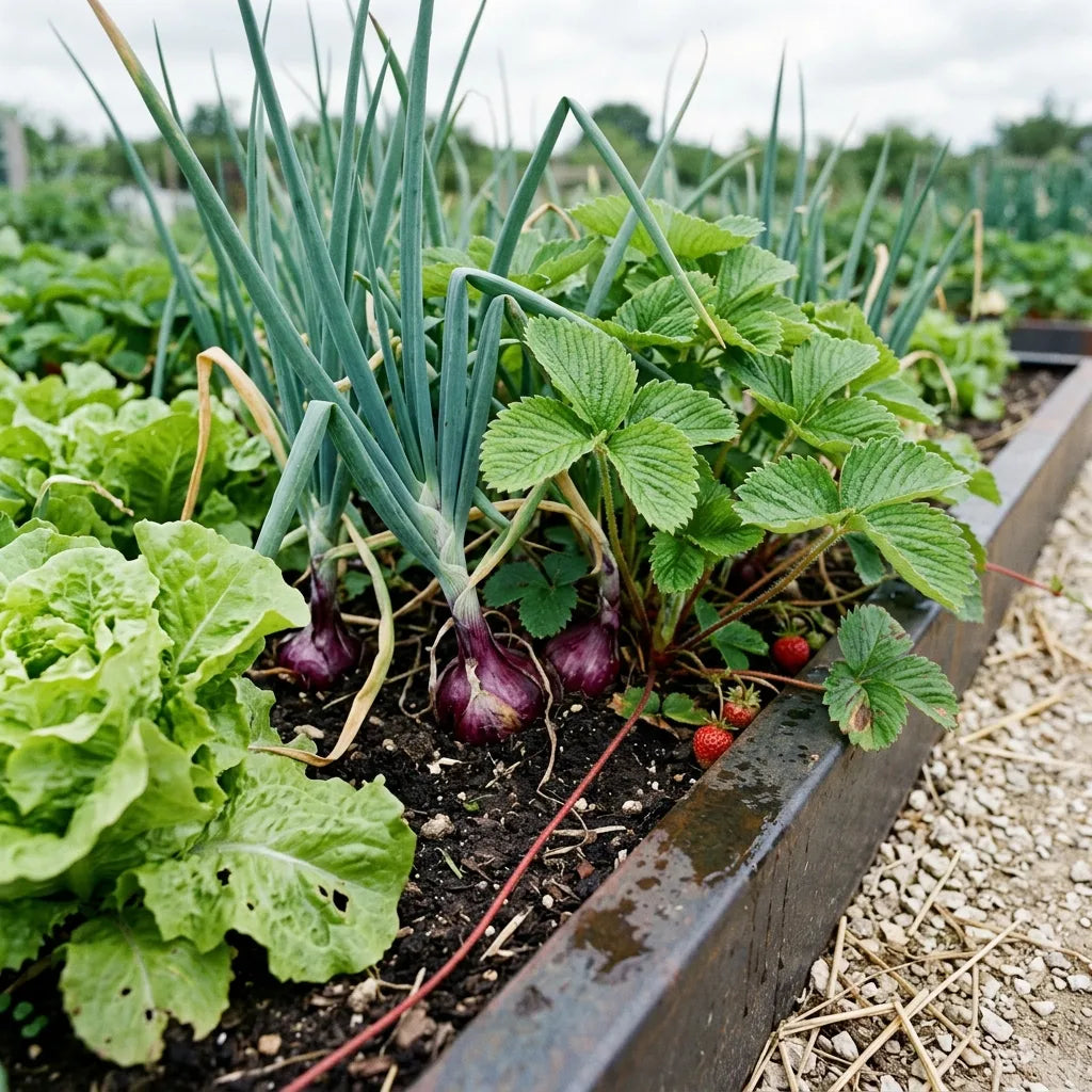 Association au potager : oignons rouges, fraisiers et laitues cultivés côte à côte dans un carré bordé d'acier corten — SemiSauvage