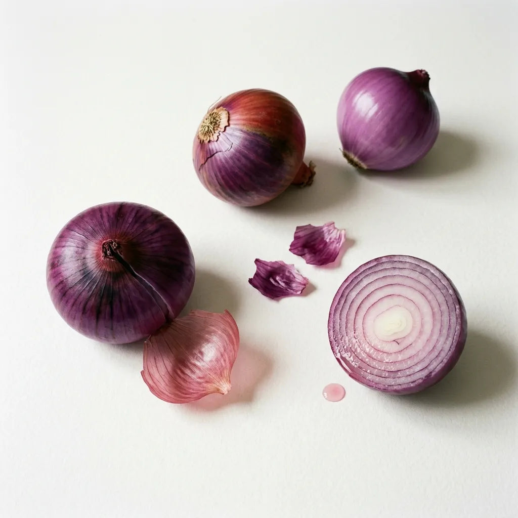 Bulbes d'oignon rouge à tuniques pourpres, dont un coupé en travers montrant ses anneaux violets dégradés vers le blanc, sur fond blanc — SemiSauvage