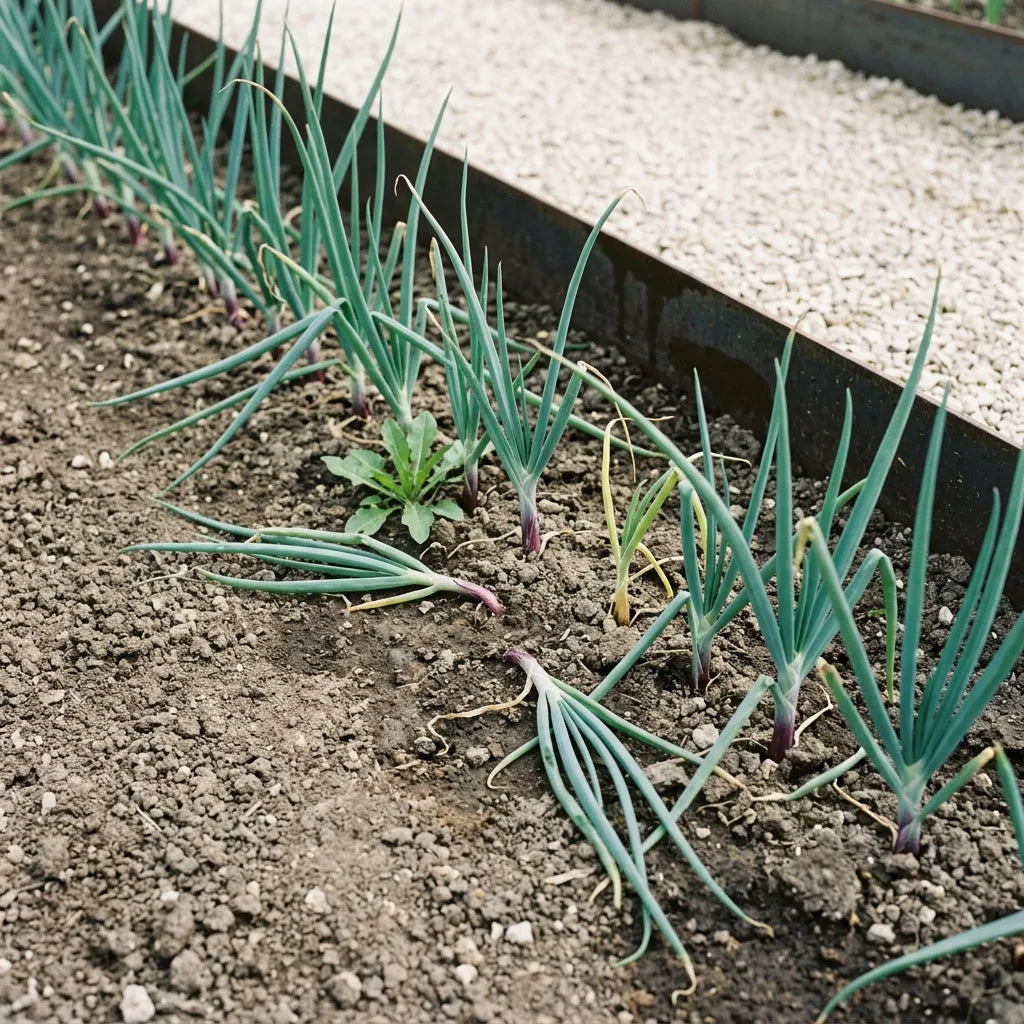 Jeunes plants d'oignon rouge en ligne au stade de l'éclaircissage, faux pied déjà lavé de pourpre — SemiSauvage