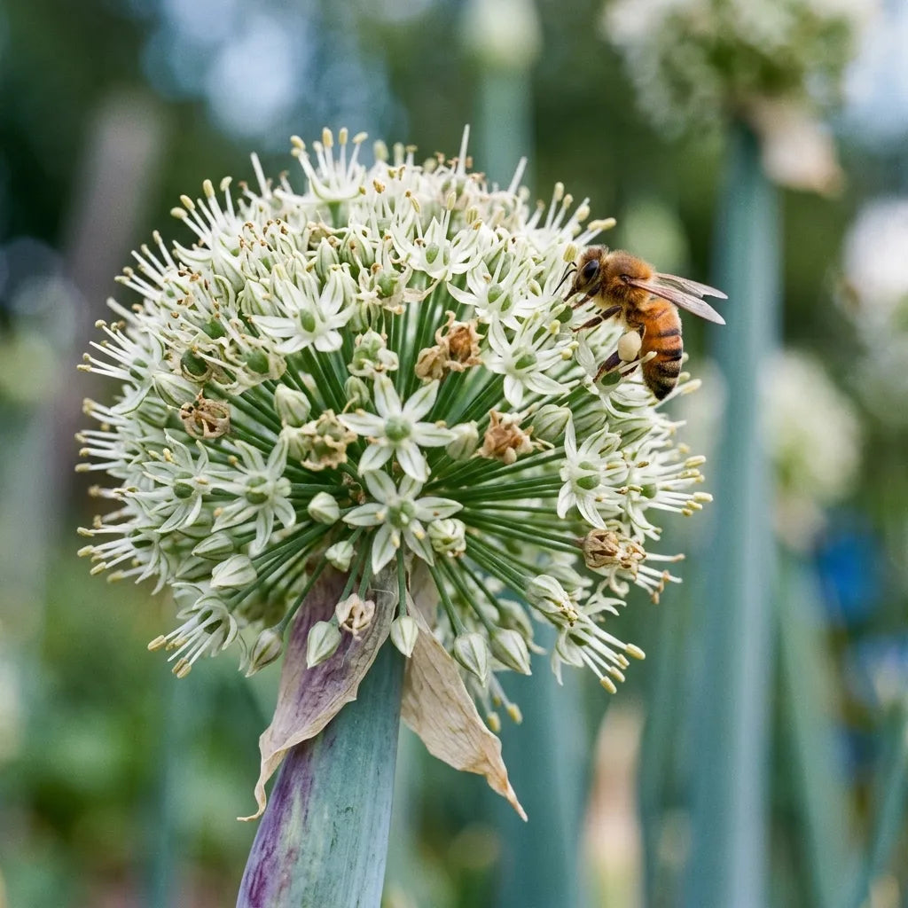 Ombelle sphérique d'oignon en fleurs à spathe fendue, visitée par une abeille domestique chargée de pollen — SemiSauvage