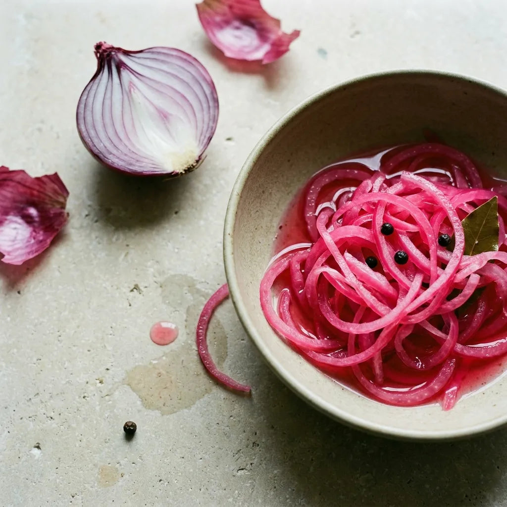 Pickles d'oignon rouge au vinaigre, lamelles devenues rose fuchsia, dans une coupelle de grès émaillé mat — SemiSauvage