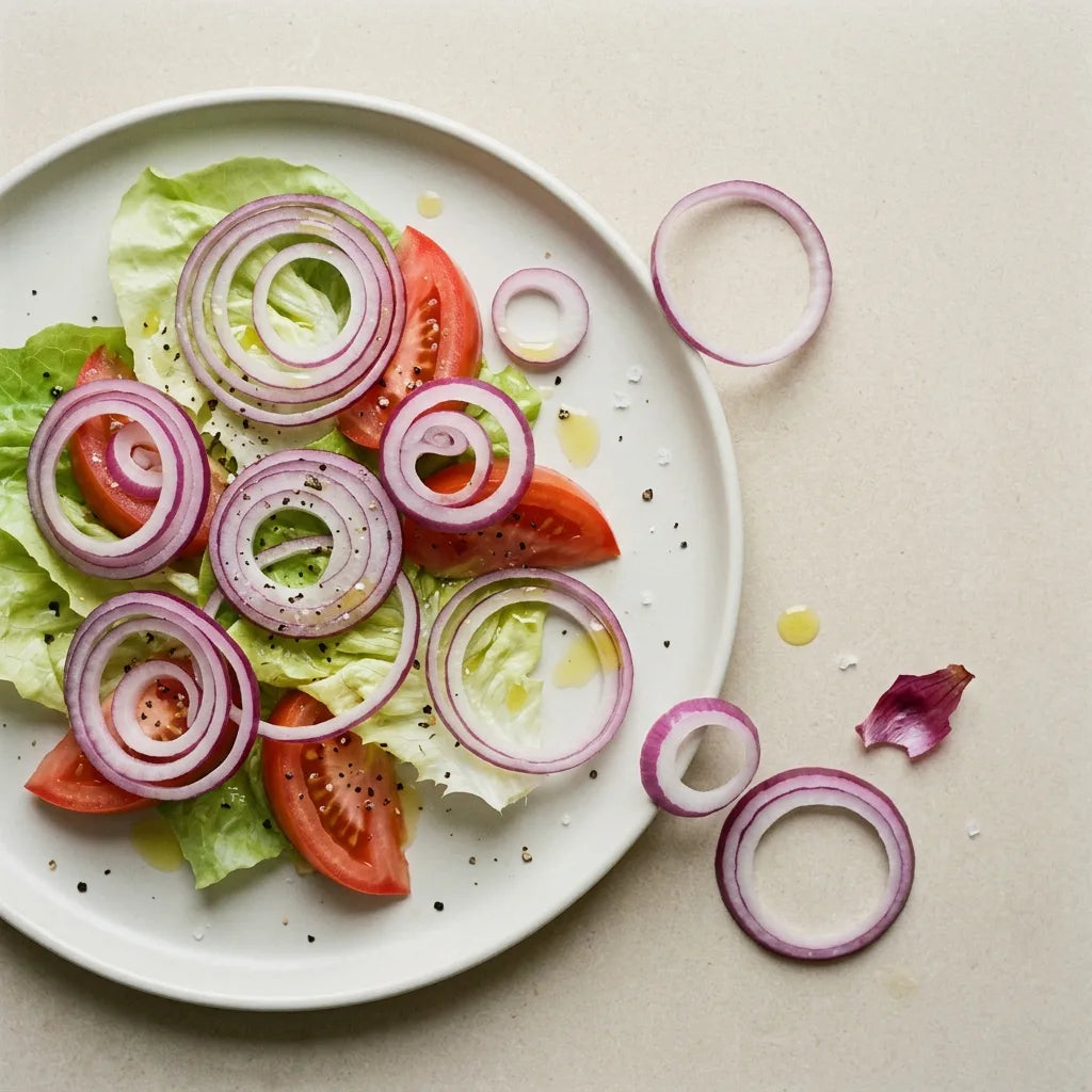 Salade d'été aux fines rondelles d'oignon rouge cru, laitue et tomate, huile d'olive et fleur de sel — SemiSauvage