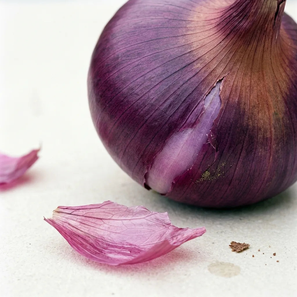 Macro de la tunique d'un oignon rouge : nervures rayonnantes violet-acajou et pelure détachée translucide — SemiSauvage