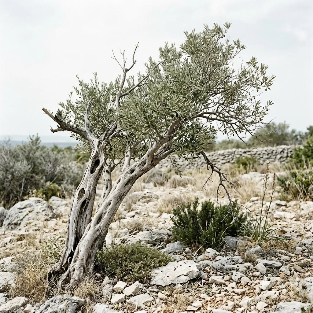 Olivier sauvage modelé par le vent dans la garrigue calcaire — SemiSauvage