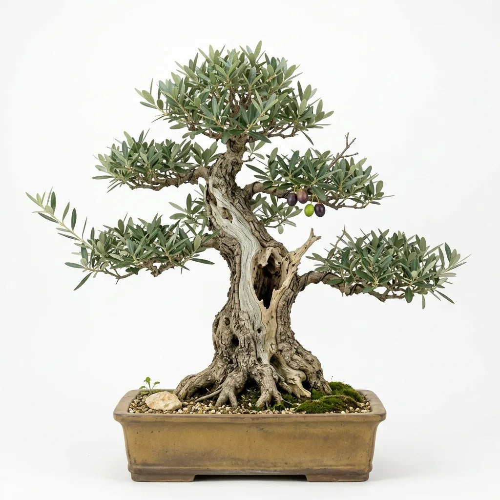 Bonsaï d'olivier sauvage (Olea europaea sylvestris) au tronc creusé, sur fond blanc — SemiSauvage
