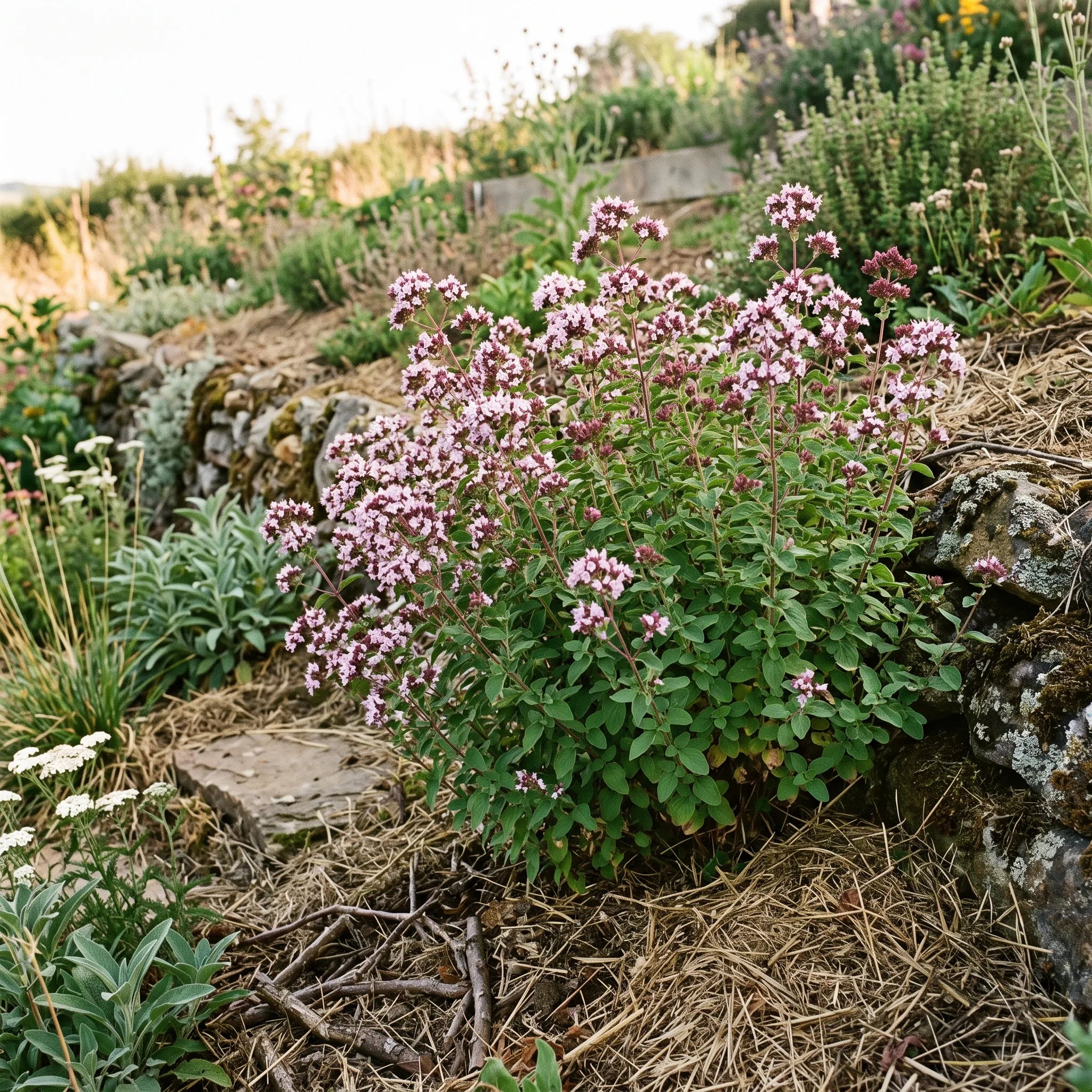 Touffe d'origan en pleine floraison sur un talus sec ensoleillé au bord du potager