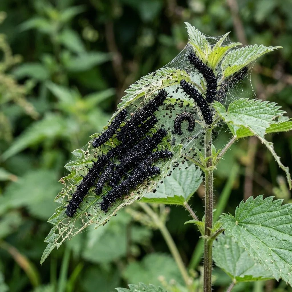 Chenilles de Paon-du-jour dans leur nid de soie sur l'ortie, leur plante hôte — SemiSauvage
