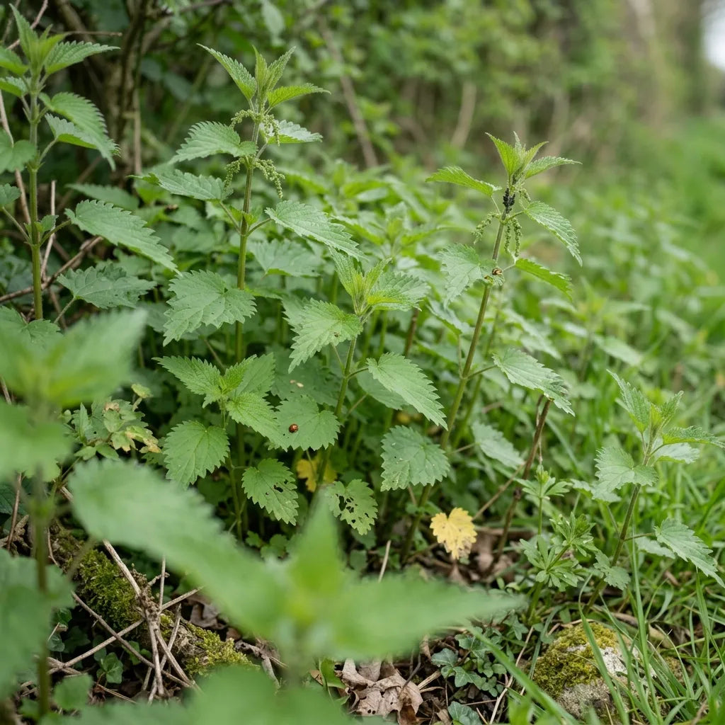 Colonie d'orties sauvages au pied d'une haie au printemps — SemiSauvage