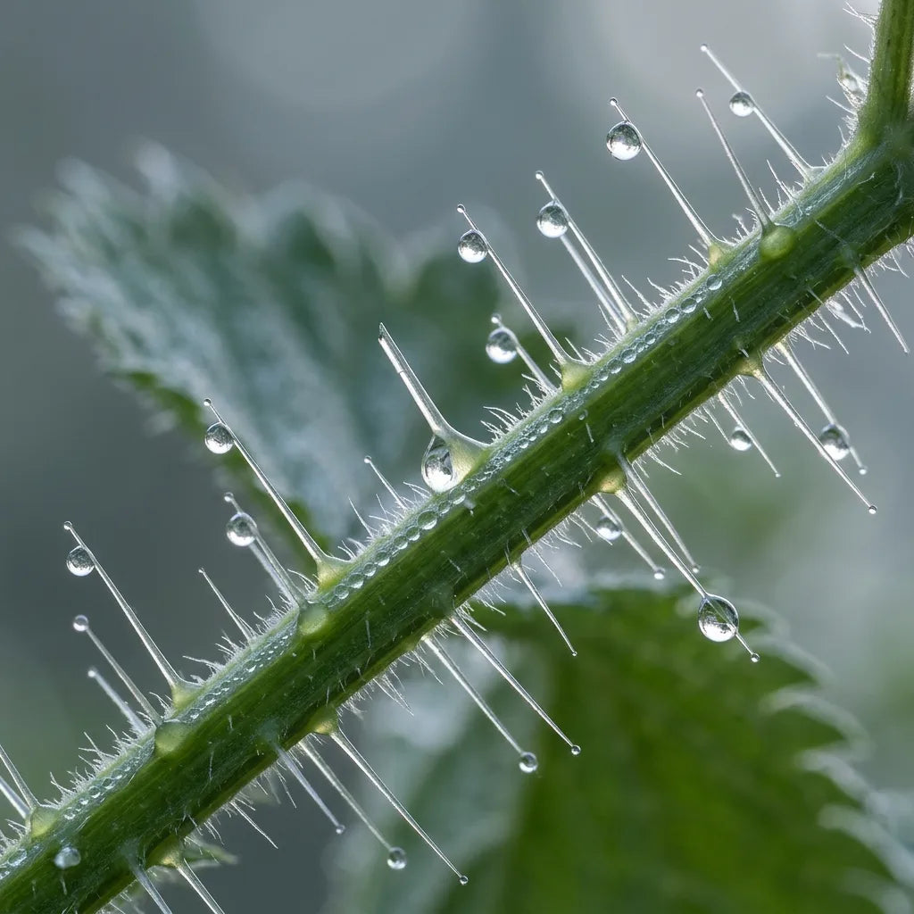Macro des poils urticants de l'ortie couverts de rosée — SemiSauvage