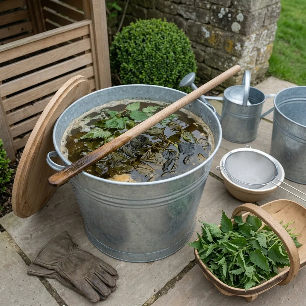 Purin d'ortie en macération dans un bac au jardin — SemiSauvage