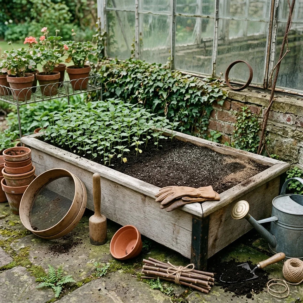 Semis d'ortie en jardinière de chêne pour contenir ses rhizomes, coin de rempotage — SemiSauvage