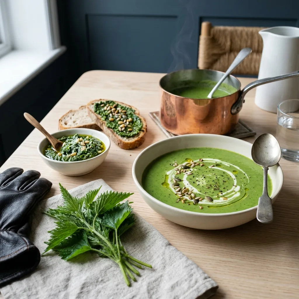 Soupe et pesto d'orties, jeunes pousses fraîchement récoltées — SemiSauvage