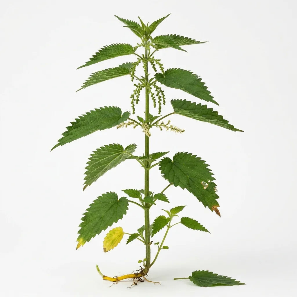 Plante entière d'ortie sauvage (Urtica dioica) avec rhizome et inflorescences sur fond blanc — SemiSauvage