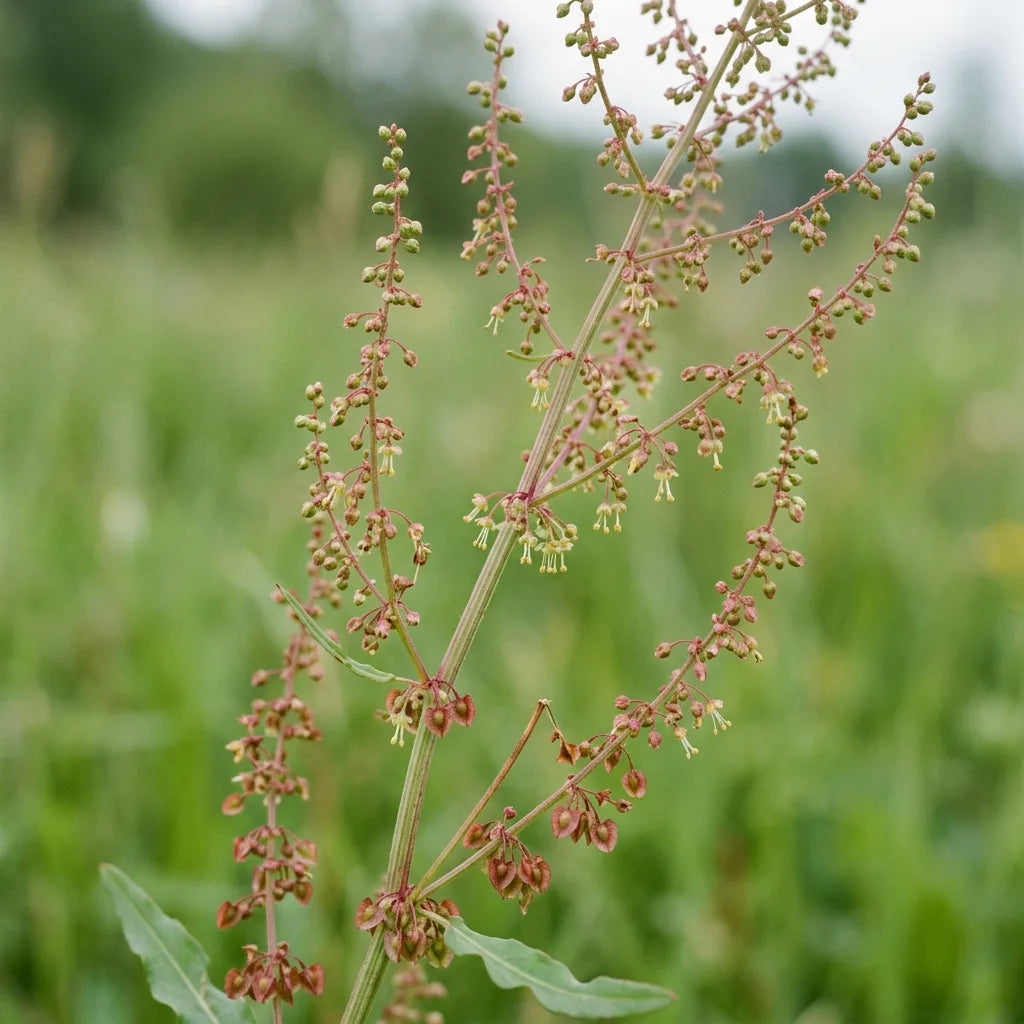 Hampe florale d'oseille en panicule lâche, petites fleurs sans pétales virant au rouge carmin — SemiSauvage