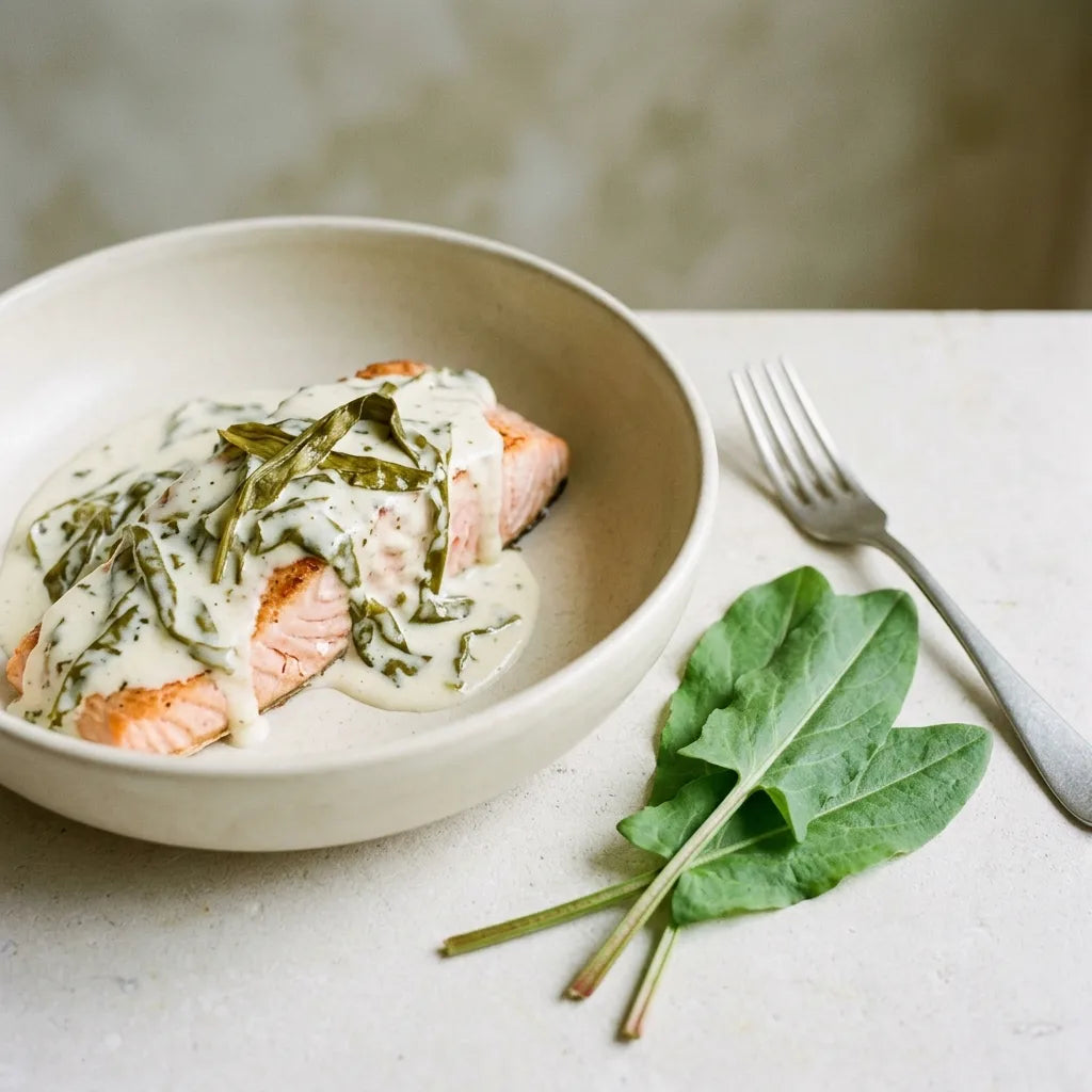Saumon à l'oseille : sauce crémeuse aux feuilles fondues virées au vert olive à la cuisson — SemiSauvage