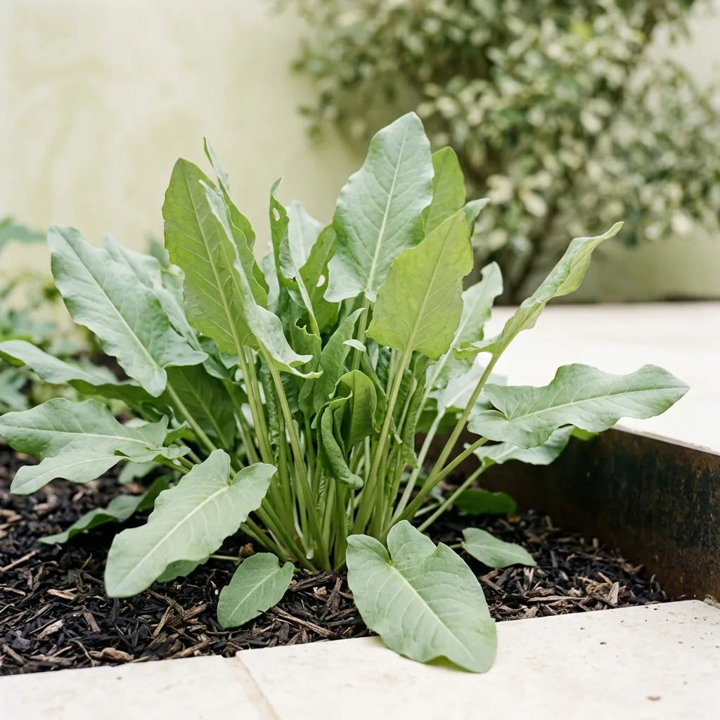 Touffe d'oseille installée dans un coin frais et mi-ombragé du jardin, rosette de feuilles vert tendre — SemiSauvage
