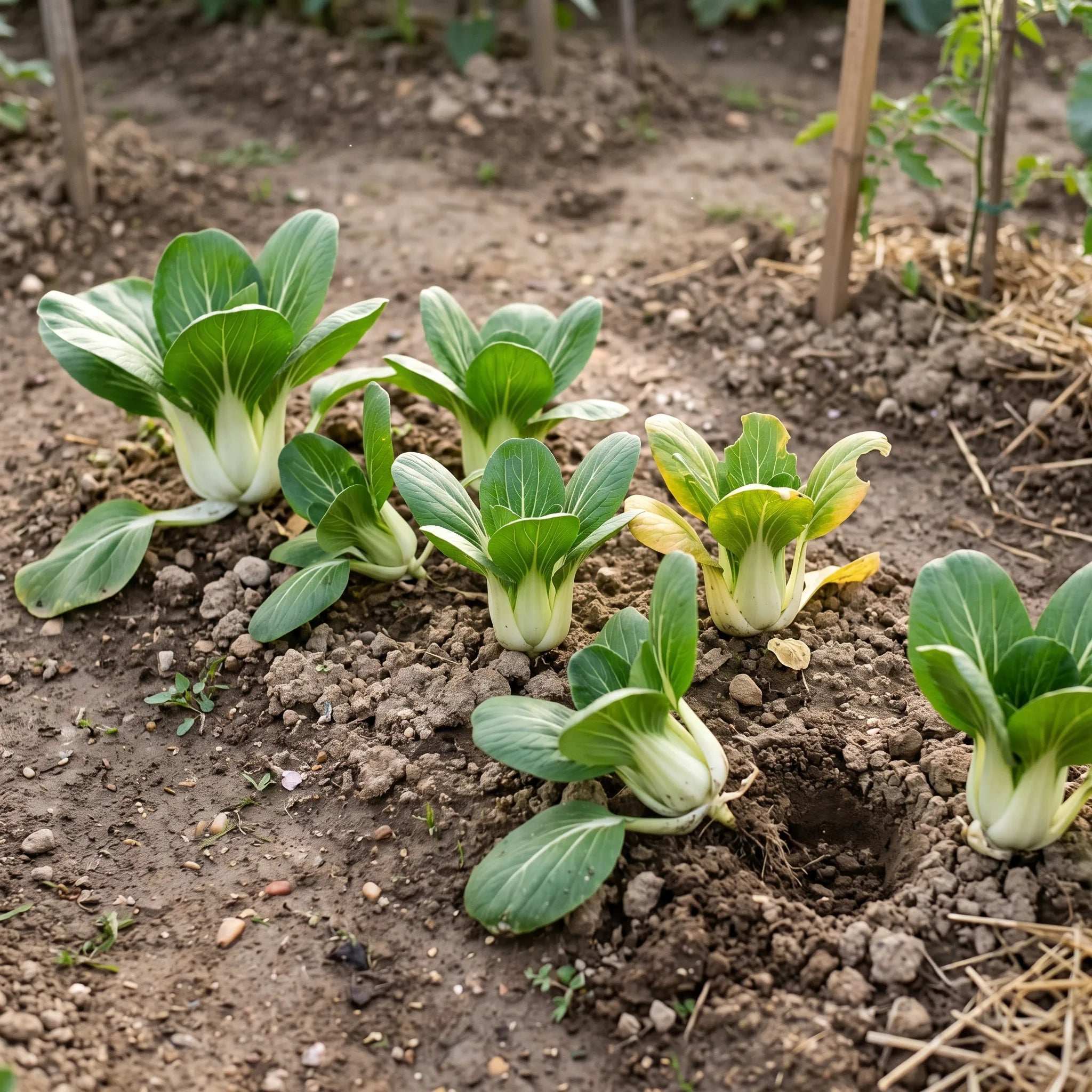 Rang de pak choï au potager, rosettes dressées sans pomme, plants tous différents