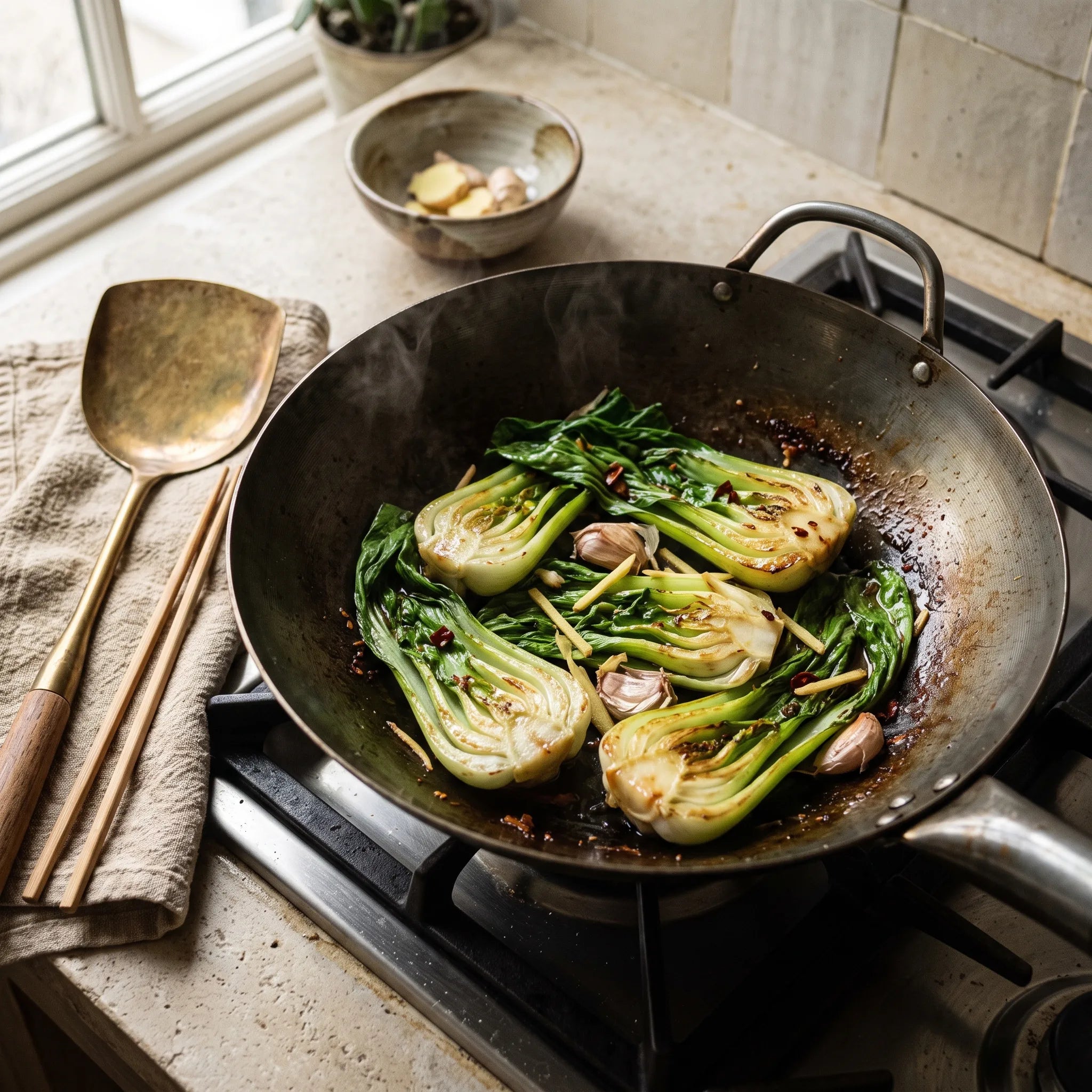 Pak choï fendu en deux sauté au wok avec gingembre et ail, côtes croquantes et feuilles tombées