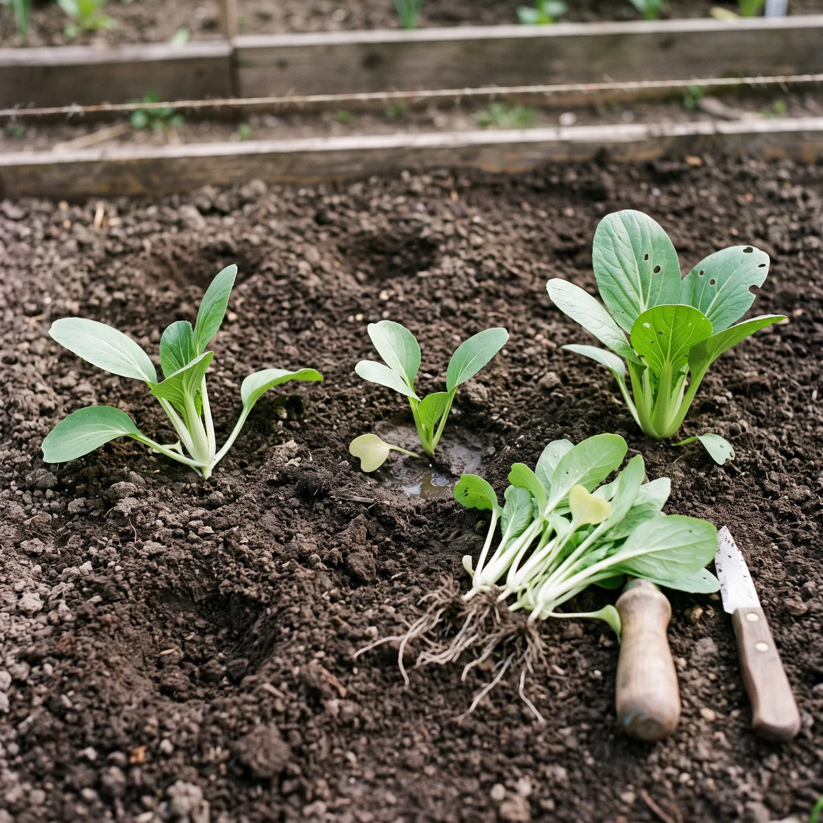 Semis en place de pak choï éclairci à 25 cm, jeunes plants arrachés posés à côté du plantoir