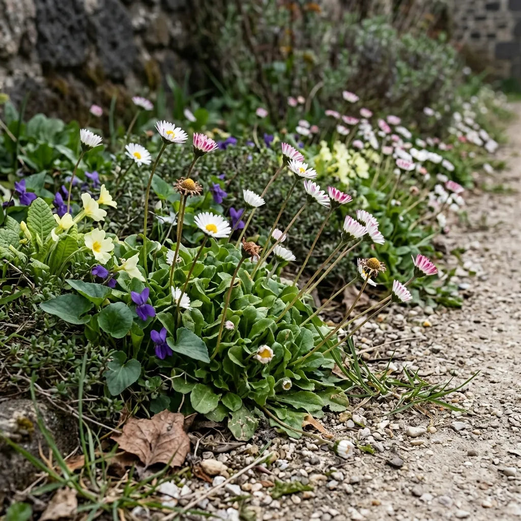 Pâquerettes en bordure d'allée avec violettes et primevères — SemiSauvage
