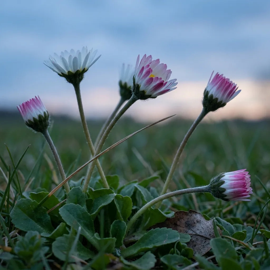 Pâquerettes se refermant au crépuscule, le rose du revers devient dominant — SemiSauvage