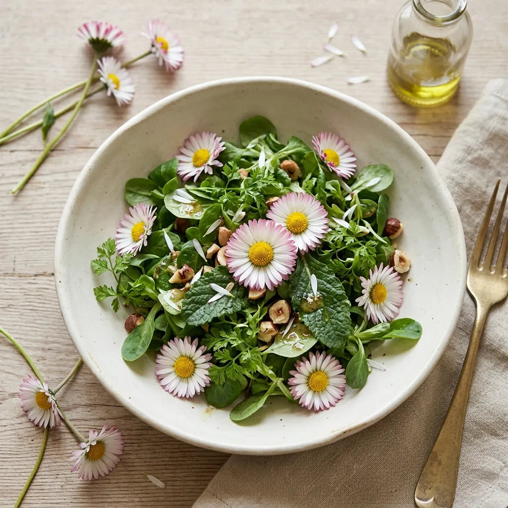 Fleurs comestibles de pâquerette sur une salade de jeunes pousses — SemiSauvage