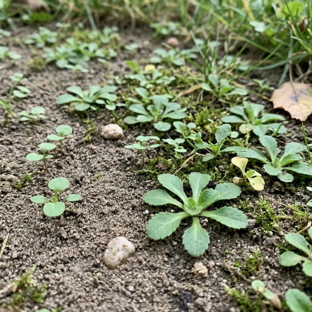 Jeunes rosettes de pâquerette levées d'un semis en surface — SemiSauvage
