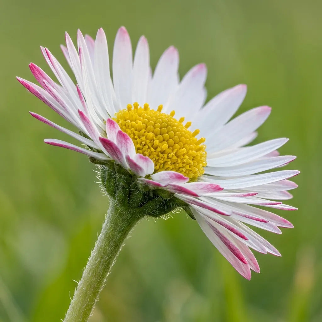 Macro d'un capitule de pâquerette : disque jaune et revers des ligules rosé — SemiSauvage