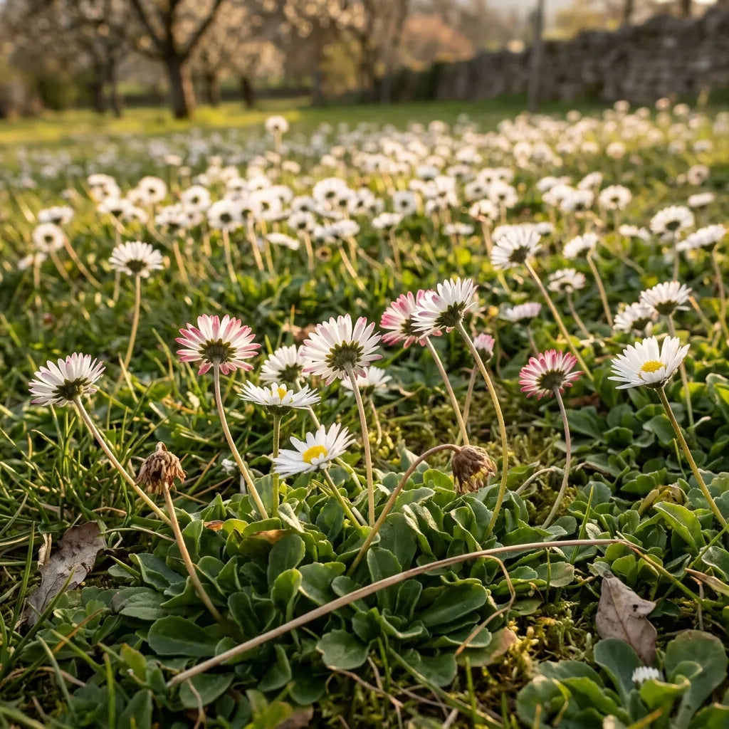 Pelouse fleurie de pâquerettes à contre-jour au printemps — SemiSauvage