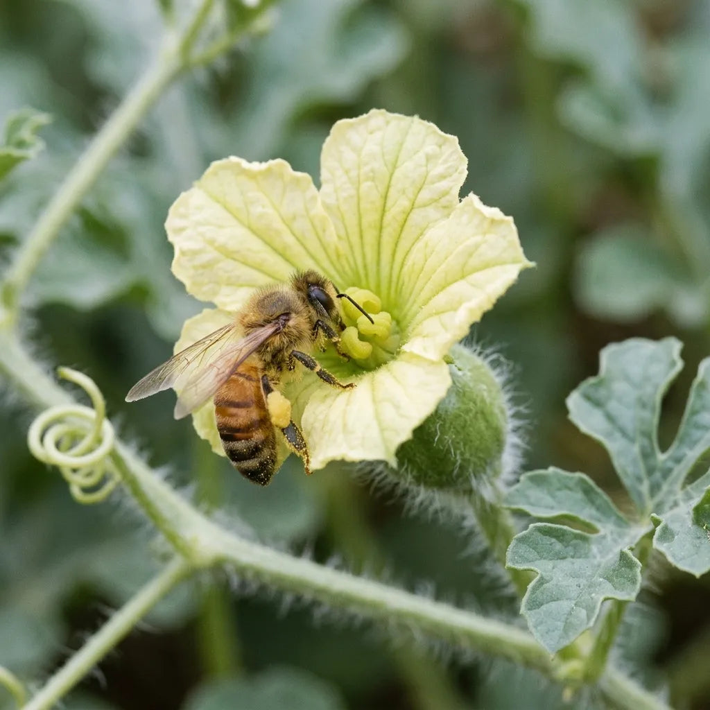 Abeille pollinisant une fleur femelle de pastèque, ovaire velu déjà formé — SemiSauvage