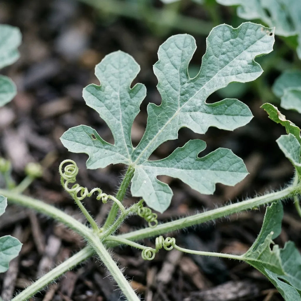 Feuille profondément découpée et vrille ramifiée de la pastèque, détail botanique — SemiSauvage