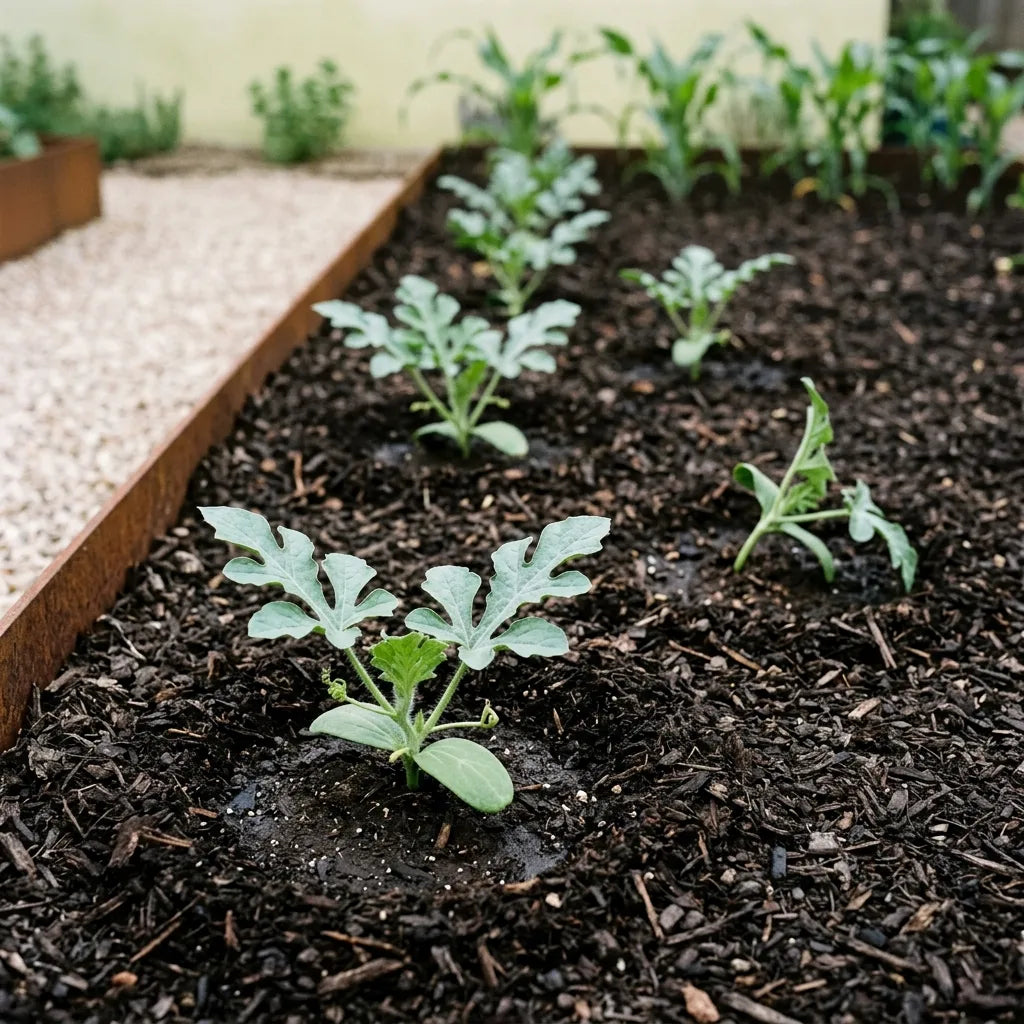 Jeunes plants de pastèque repiqués sur paillage sombre au potager — SemiSauvage