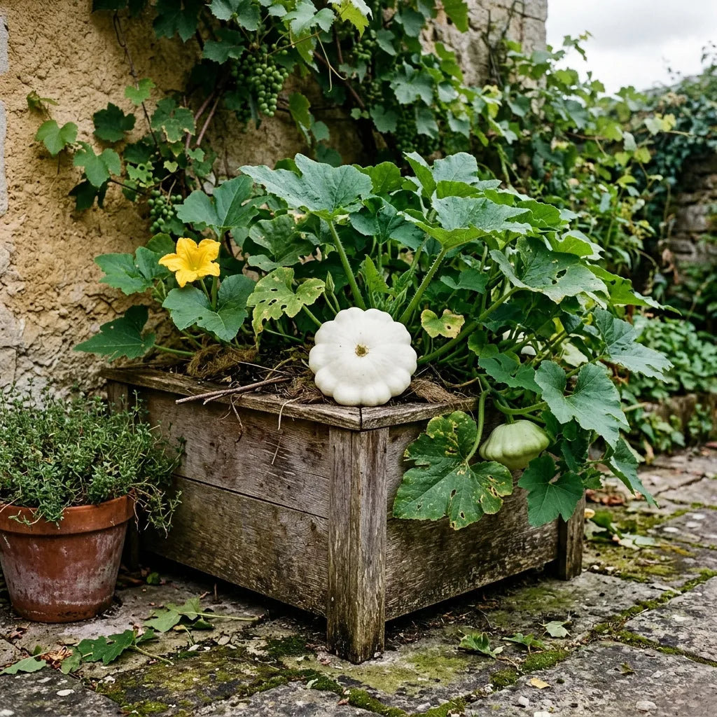 Pâtisson blanc cultivé en bac de bois dans une cour de jardin close — SemiSauvage