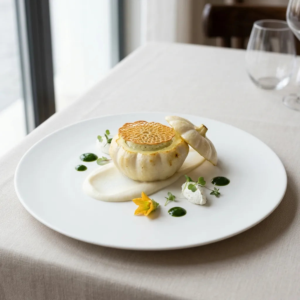 Pâtisson blanc farci et dressé sur crème de courge, assiette gastronomique — SemiSauvage